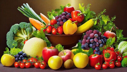 different fresh fruits and vegetables organic on table top, Colorful various fresh vegetables for eating healthy and dieting