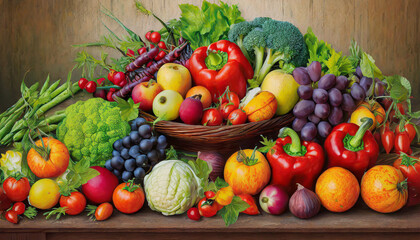 different fresh fruits and vegetables organic on table top, Colorful various fresh vegetables for eating healthy and dieting