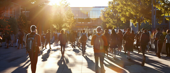 A peaceful early morning scene with people walking through a sunlit park, casting long shadows and enjoying the serene atmosphere and fresh air.