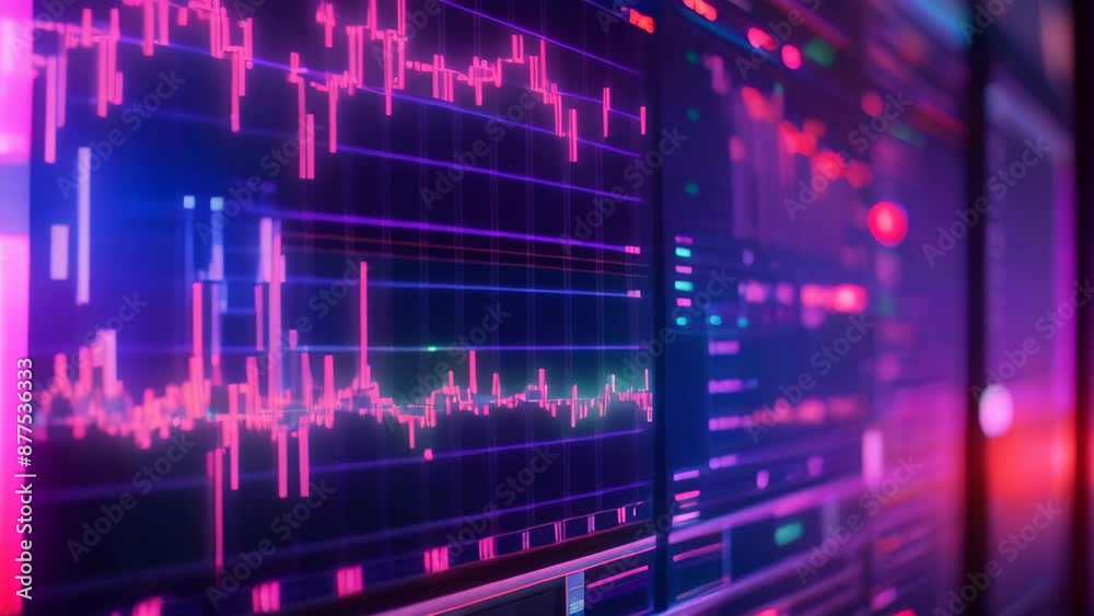 Poster detailed view of a computer monitor showing live financial data with geometric patterns resembling a