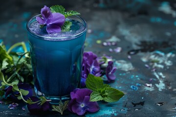 Blue cocktail is standing on a table with viola flowers and mint leaves decoration