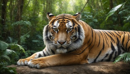 Majestic tiger resting in the lush green jungle canopy