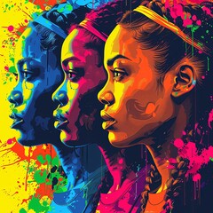 Naklejka premium Three women are depicted in a vibrant painting with colorful hues. The artwork captures their facial expressions in a display of artistry and magenta tones