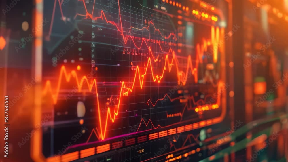 Poster a computer screen showing a live stock chart with fluctuating prices and trends, geometric patterns 