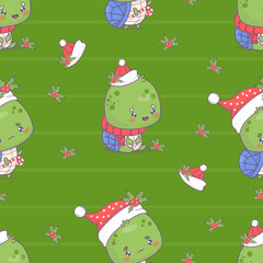 Seamless pattern with Christmas turtle in Santa hat on green background with holly. Cute New Year cartoon kawaii animal character. Vector illustration. Kids collection
