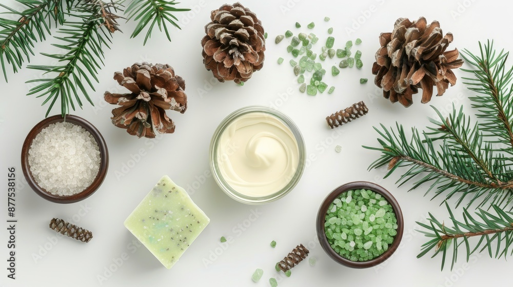 Wall mural Spa and Cosmetology Concept with Green Salt Cream Soap and Pine Cones on White Background