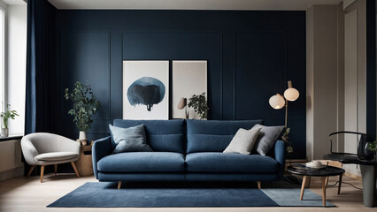 Modern living room with plush blue sofa patterned rug and abstract art