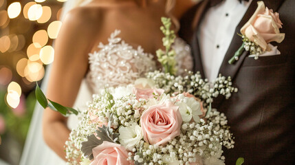 concept love and share life together - wedding couple with bridal bouquet