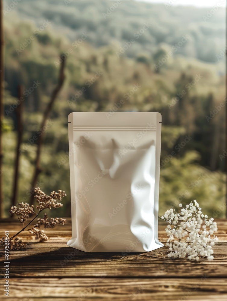 Wall mural white packaging bag mockup on wooden table, top view with header seal, product presentation image