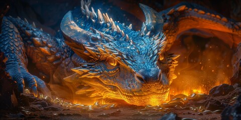 Fantasy Dragon with Mischevious Smile in Dark Cave, generative ai