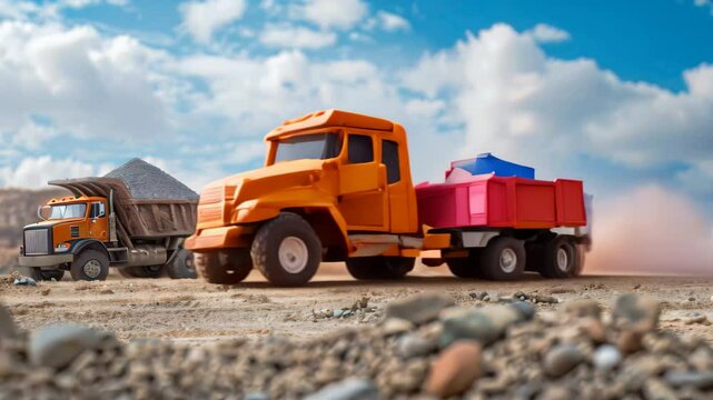 Three toy dump trucks are seen on a dirt road, carrying out work similar to giant dump trucks unloading gravel and sand, Giant dump trucks unloading gravel and sand