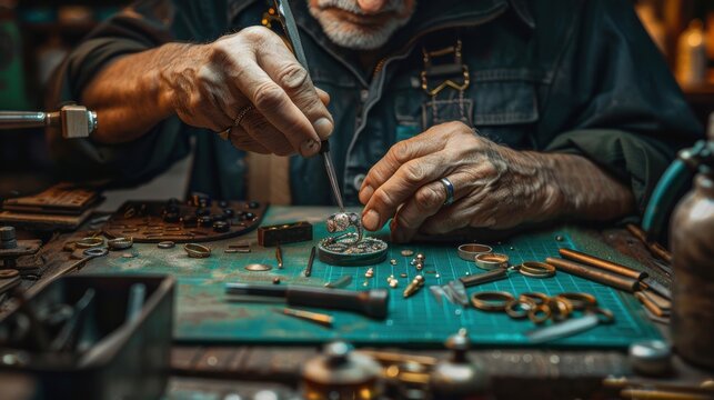 An elderly man concentrates on crafting intricate jewelry at a cluttered workbench.