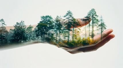 Forest silhouette in the shape of a palm, various wild trees, forest protection.