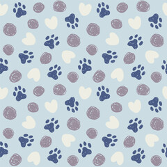 Fototapeta premium Pet paw print seamless pattern with circles and hearts. Hand drawn textured cat, dog repeat vector background. Animal print for fabric, paper design.