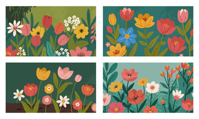 Set of Illustration of Vibrant Colorful Flowers in a Beautiful Garden