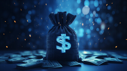 Moneybag with a dollar $ icon shown in digital binary code pattern