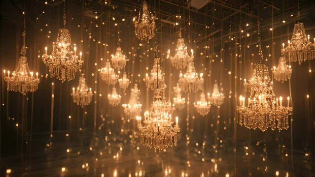 Chandeliers casting a soft glow in a dark room, Glimmering chandeliers casting a soft glow