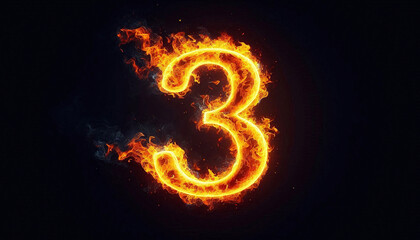 The number 3 is depicted in vibrant, glowing flames