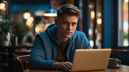Fototapeta premium Young man sits in cafe focused on laptop with cup of coffee beside him