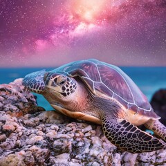 Obraz premium A sea turtle is resting on a large rock beside the ocean, under a cloudy sky. The natural landscape provides a serene setting for this terrestrial animal