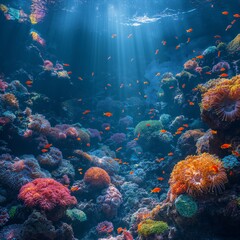 Naklejka premium Colorful Coral Reef with Sunlight Rays