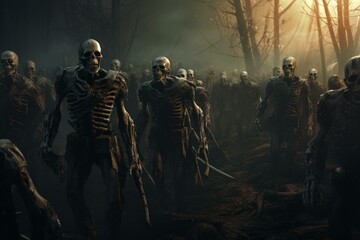 Fototapeta premium Spooky skeletal figures advancing through a misty, ominous forest setting