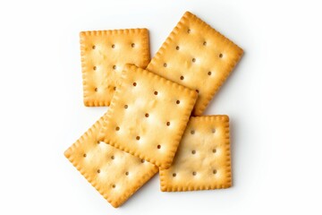 Square crackers, featuring a golden-brown texture, are perfect for a quick snack or as an appetizer, suitable for any event. They are presented isolated on a white background.