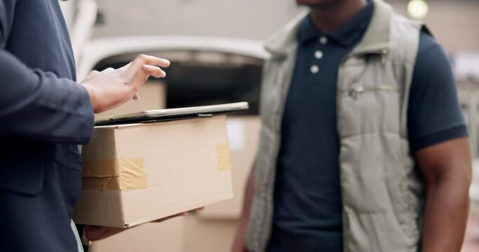 Business, delivery and hand of man with tablet by courier for ecommerce, exchange and signature. Dropshipping, b2b service and people with package by van for product, distribution and digital receipt
