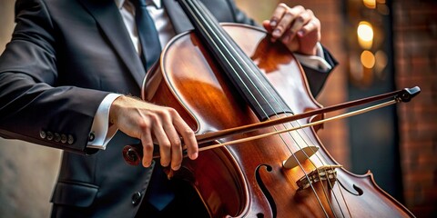 Close up of Cello with Bow: Musical Instrument Detail Shot