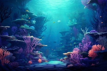 Illustration of an enchanting and vibrant underwater seascape with colorful coral reef, diverse marine life, and a tranquil oceanic ecosystem, depicted in a digital art fantasy world