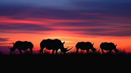 Fototapeta premium Sunset, silhouettes of rhinoceroses are visible.
