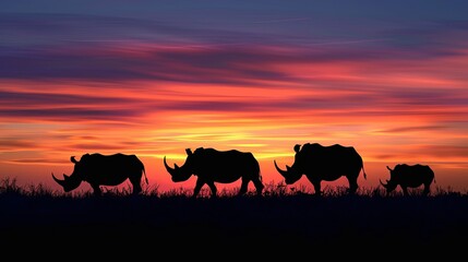 Naklejka premium Sunset, silhouettes of rhinoceroses are visible.