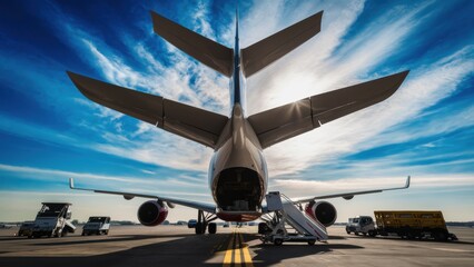 A large airplane parked on a runway with several vehicles near it, AI