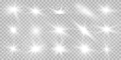 White glowing light explodes on a transparent background. Sparkling magical dust particles. Bright Star. Transparent shining sun, bright flash. Vector sparkles. To center a bright flash.