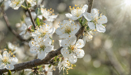 Beautiful blooming branch of the tree. Closeup of a flowers. Spring in the garden. Strong morning sun. Nature background.