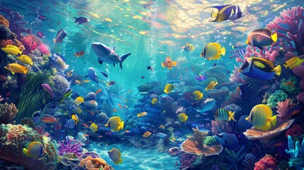 Fototapeta premium An underwater shot of vibrant coral reefs and schools of fish