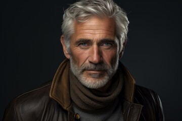 Obraz premium Portrait of a sophisticated older man with salt-and-pepper hair, wearing a leather jacket