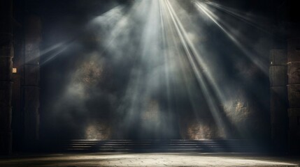 Spotlight on Wooden Stage Floor with Smoky Ambience in Dark Theater. Generative AI