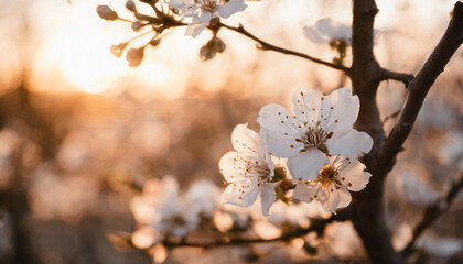 Apricot tree flowers. Spring white flowers on a tree branch. Apricot tree in bloom. Spring, seasons, time of year. White flowers of apricot tree against the background of the rays of the dawn sun.