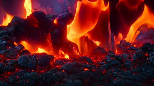 Close-up view of lava with orange flames engulfing the surroundings, Glowing orange flames consuming everything in their path