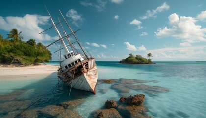 An old, shipwrecked vessel leans precariously on rocks in shallow, turquoise waters next to a tropical island with dense greenery and clear, bright blue sky overhead.