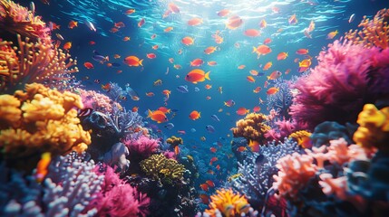 Fototapeta premium Coral reef with tropical fish, colorful sea wildlife