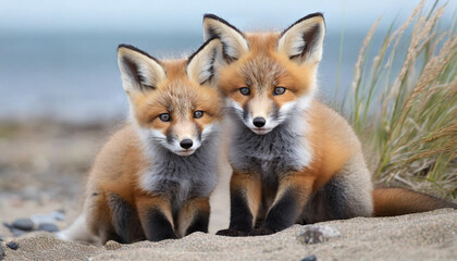 Obraz premium Wild baby red foxes cuddling at the beach