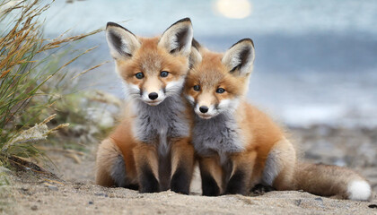 Fototapeta premium Wild baby red foxes cuddling at the beach