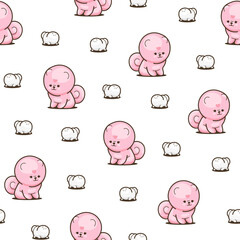 Cute kawaii pomeranian dog. Seamless pattern. Cartoon character. Vector drawing. Design ornaments.