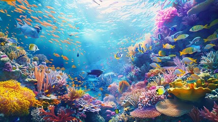 Underwater world: tropical fish against the backdrop of a coral reef.
