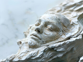 Close-Up View of a Stone Sculpture Depicting a Human Face in a Layered Mountain Range. 