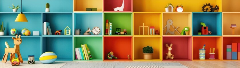 Bright, organized playroom featuring multicolored shelving units filled with toys, games, and decorative items