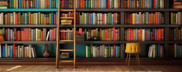 Cozy room with wooden shelves, colorful books, and a ladder, creating a warm and inviting atmosphere