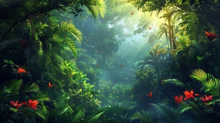Naklejka premium Tropical forests with exotic animals and plants.